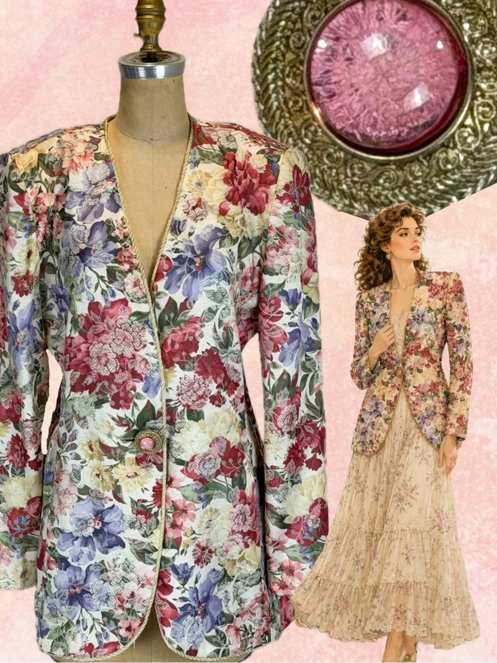 VINTAGE 80s‎ flower garden tapestry blazer jacket Victorian floral collarless